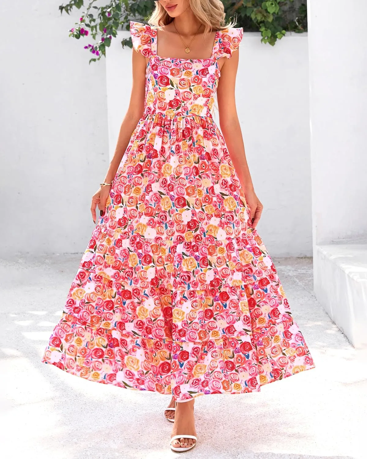 dowerme Summer Dresses for Women 2025 Casual Ruffle Smocked Tiered A-Line Boho Floral Maxi Beach Sun Dress with Pockets
