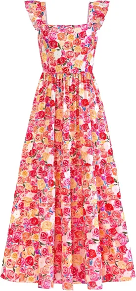 dowerme Summer Dresses for Women 2025 Casual Ruffle Smocked Tiered A-Line Boho Floral Maxi Beach Sun Dress with Pockets