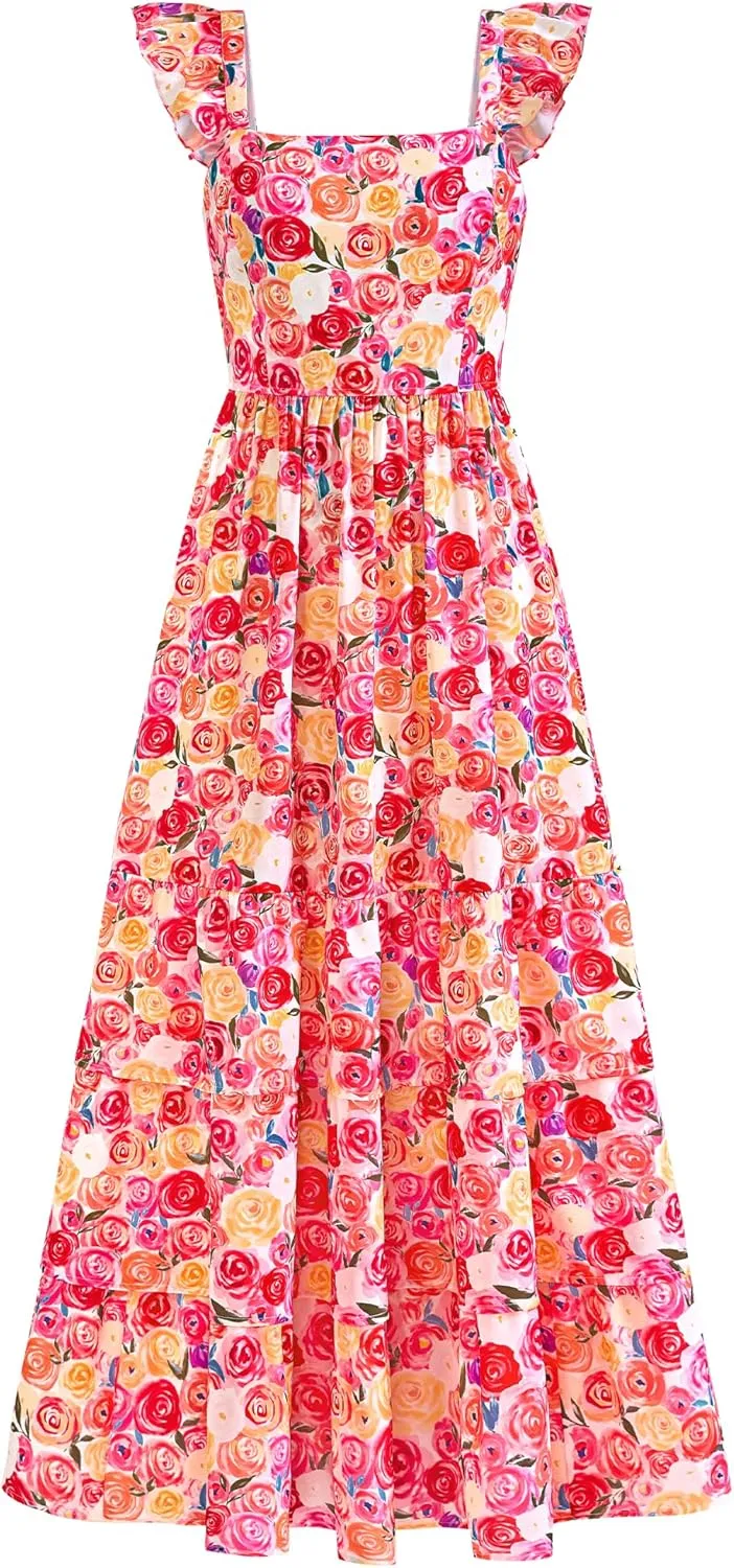 dowerme Summer Dresses for Women 2025 Casual Ruffle Smocked Tiered A-Line Boho Floral Maxi Beach Sun Dress with Pockets