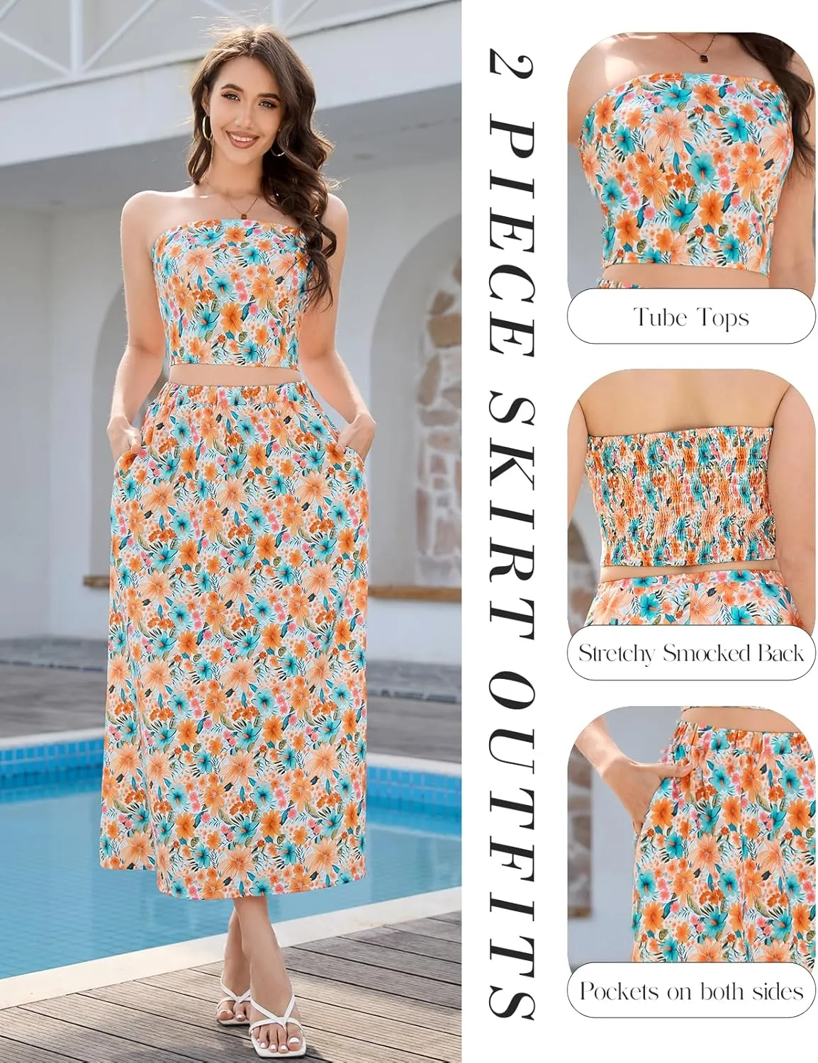 DRESSTELLS Women's Summer 2 Piece Skirt Set, Floral Crop Top and Maxi Boho Sundress Beach Tropical Dressy Casual Outfits