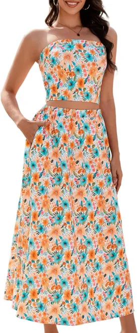 DRESSTELLS Women's Summer 2 Piece Skirt Set, Floral Crop Top and Maxi Boho Sundress Beach Tropical Dressy Casual Outfits