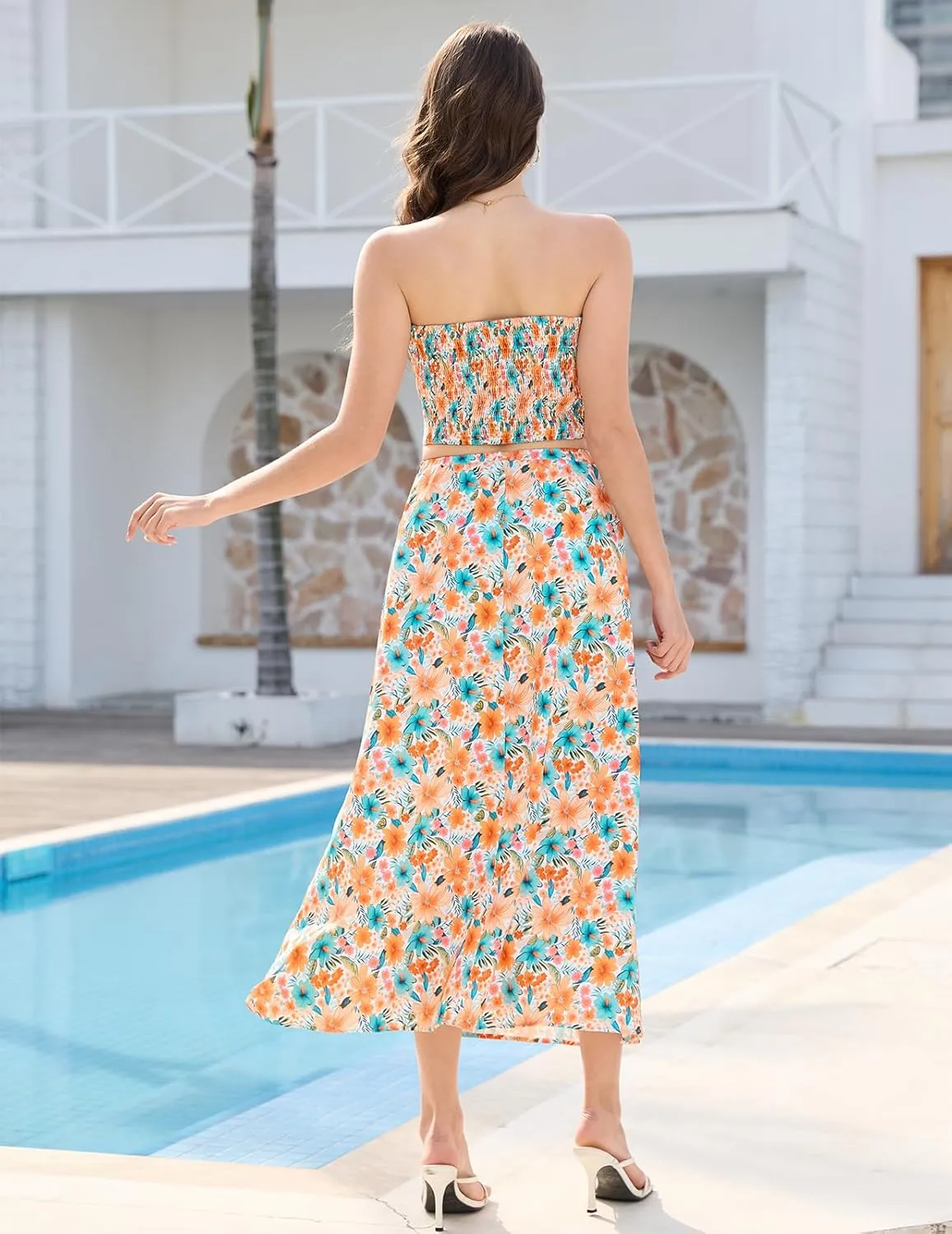 DRESSTELLS Women's Summer 2 Piece Skirt Set, Floral Crop Top and Maxi Boho Sundress Beach Tropical Dressy Casual Outfits