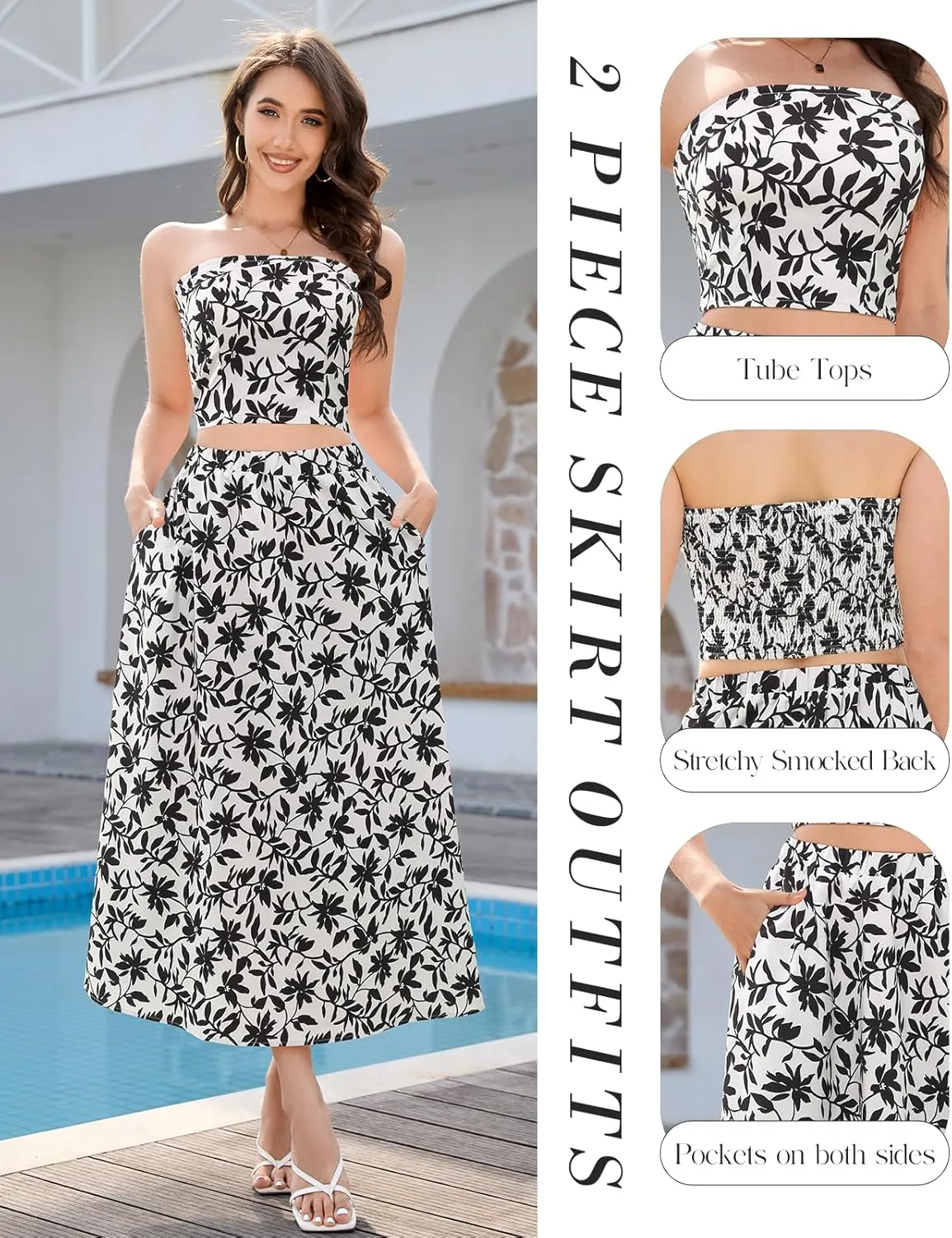DRESSTELLS Women's Summer 2 Piece Skirt Set, Floral Crop Top and Maxi Boho Sundress Beach Tropical Dressy Casual Outfits