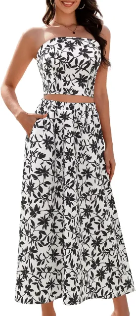 DRESSTELLS Women's Summer 2 Piece Skirt Set, Floral Crop Top and Maxi Boho Sundress Beach Tropical Dressy Casual Outfits