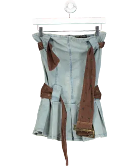 Finesse Blue Cambry Pleated Belted Denim Dress UK XS