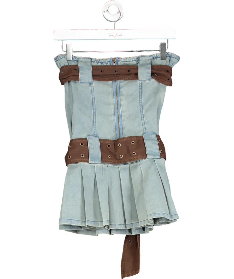 Finesse Blue Cambry Pleated Belted Denim Dress UK XS