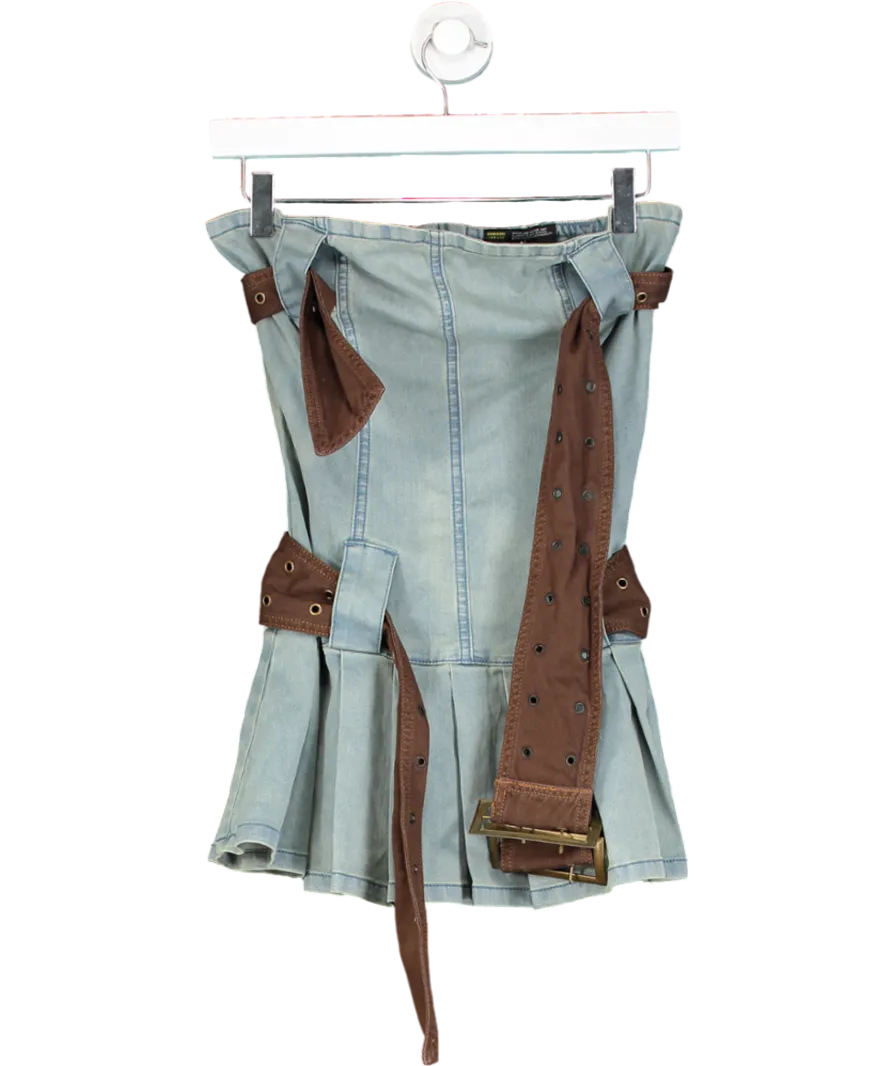 Finesse Blue Cambry Pleated Belted Denim Dress UK XS