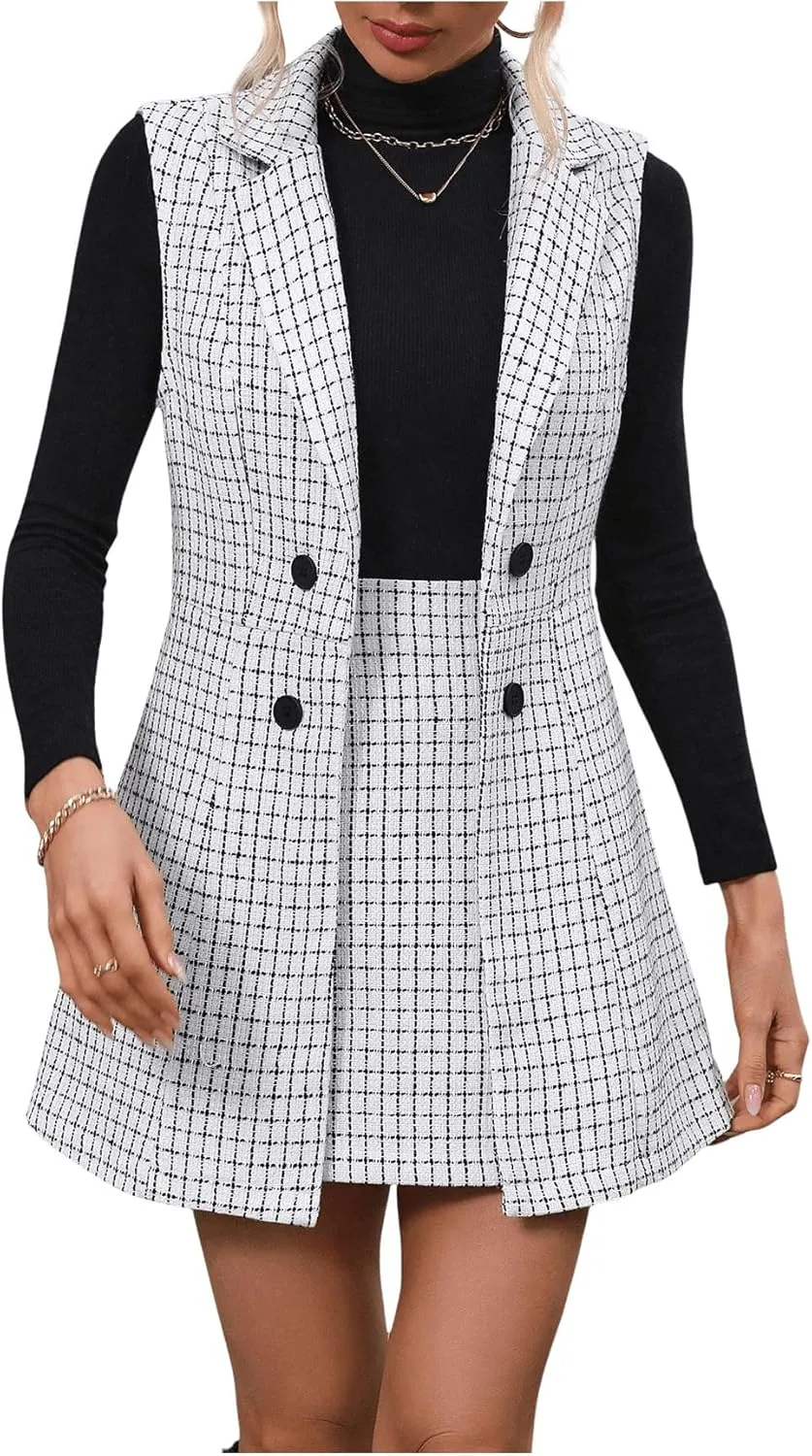 Floerns Women's 2 Piece Outfit Workwear Plaid Print Lapel Neck Vest Blazer and Skirt Set