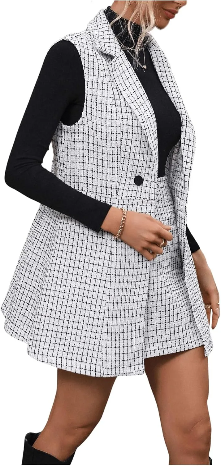 Floerns Women's 2 Piece Outfit Workwear Plaid Print Lapel Neck Vest Blazer and Skirt Set