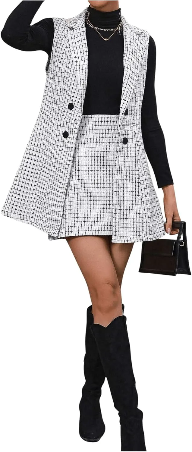 Floerns Women's 2 Piece Outfit Workwear Plaid Print Lapel Neck Vest Blazer and Skirt Set