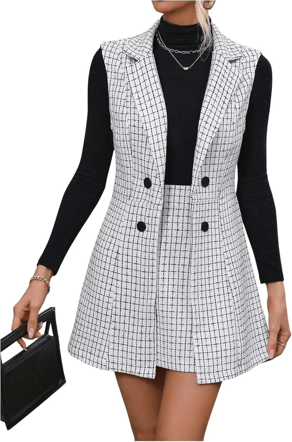 Floerns Women's 2 Piece Outfit Workwear Plaid Print Lapel Neck Vest Blazer and Skirt Set