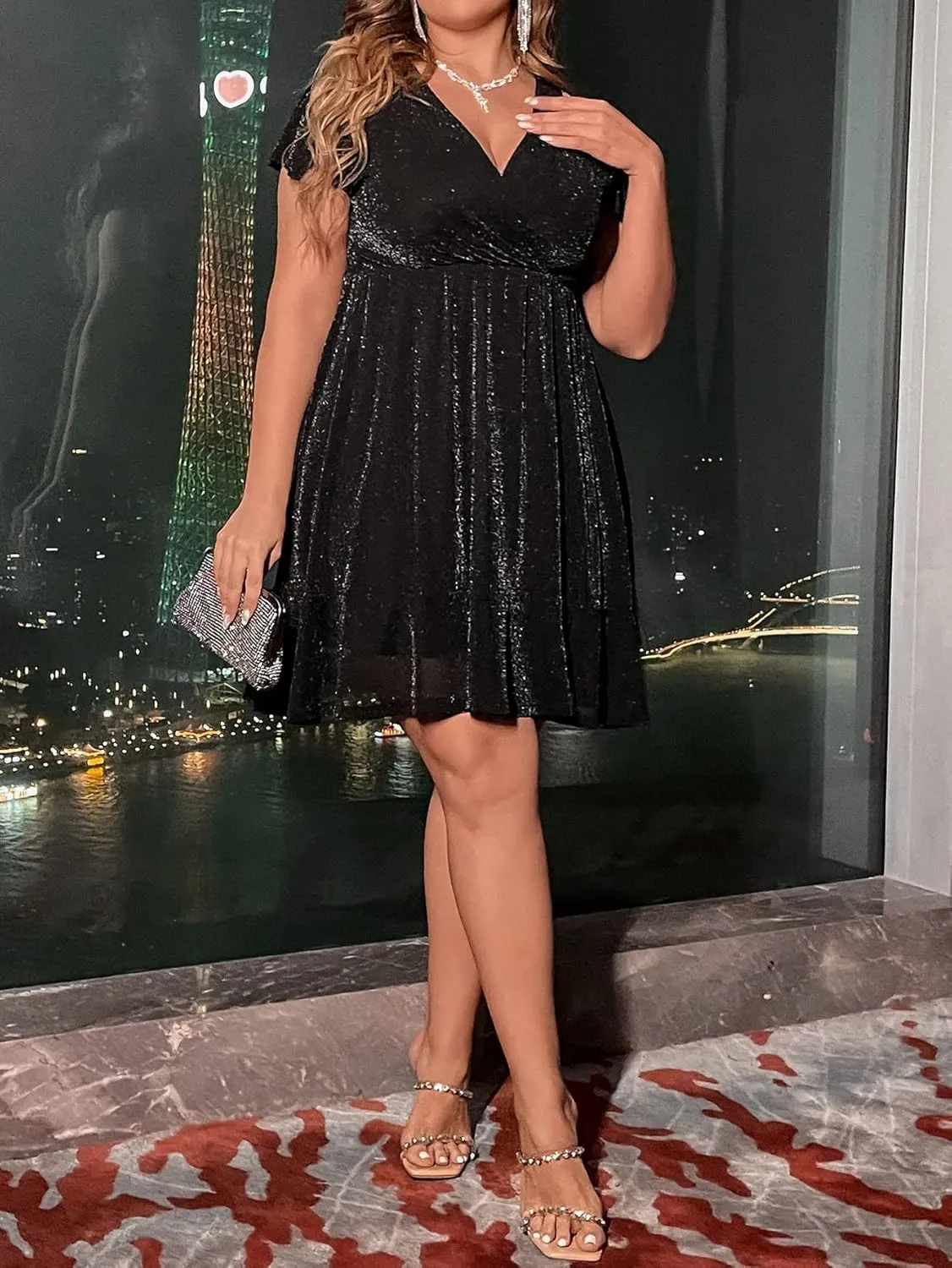 Floerns Women's Plus Size Glitter Wrap V Neck Short Sleeve Party A Line Dress