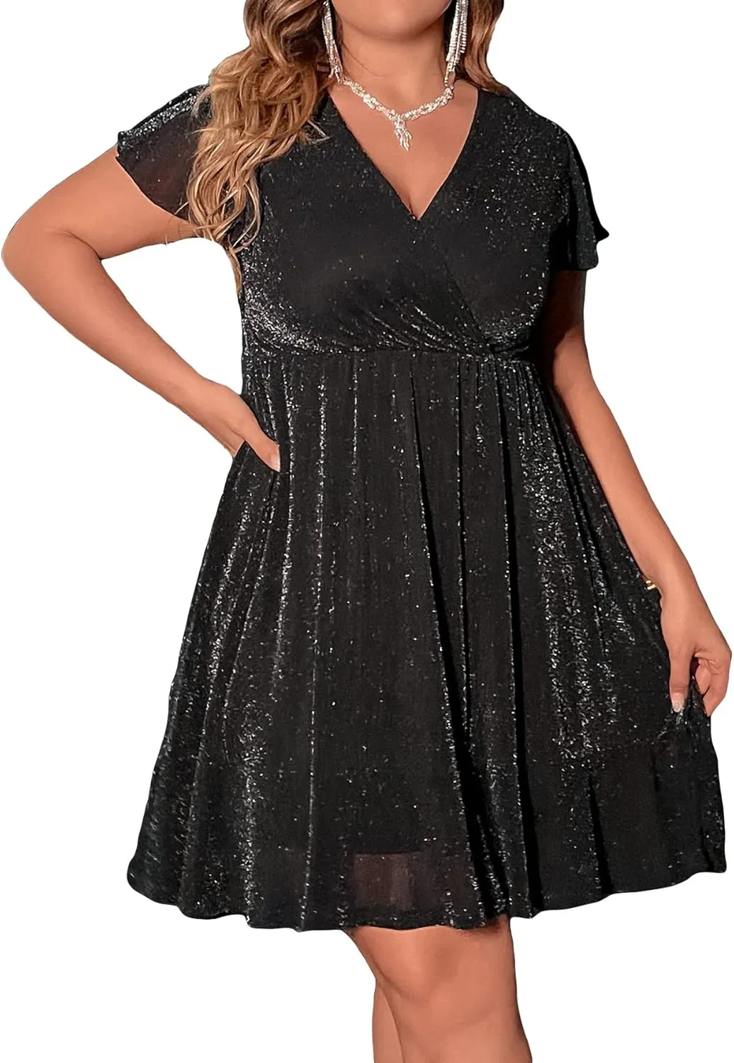 Floerns Women's Plus Size Glitter Wrap V Neck Short Sleeve Party A Line Dress
