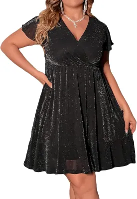Floerns Women's Plus Size Glitter Wrap V Neck Short Sleeve Party A Line Dress