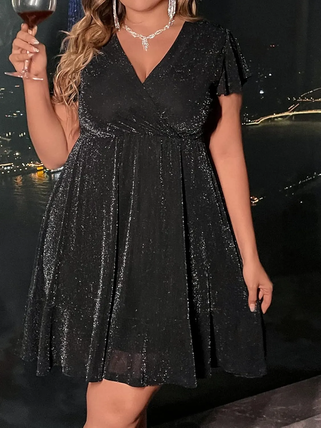 Floerns Women's Plus Size Glitter Wrap V Neck Short Sleeve Party A Line Dress