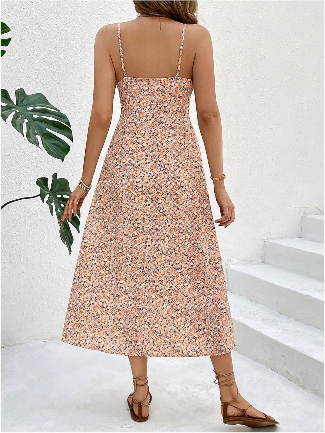 Floerns Women's Summer Split Thigh Spaghetti Strap Cami Midi Floral Dress