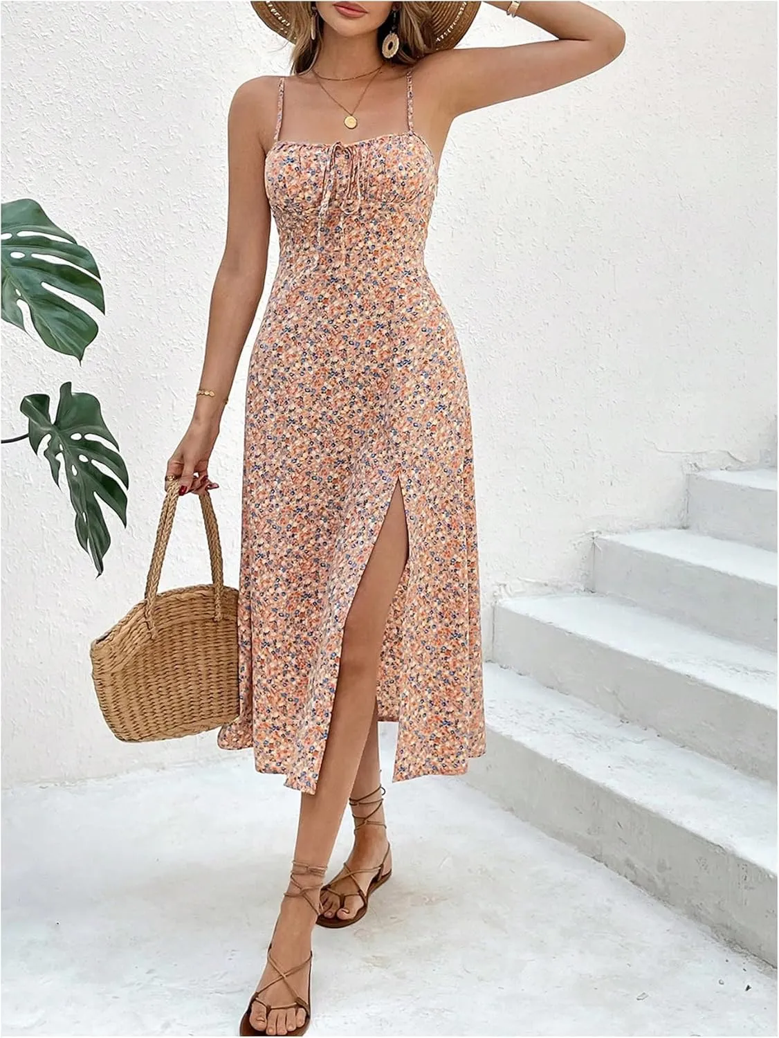 Floerns Women's Summer Split Thigh Spaghetti Strap Cami Midi Floral Dress