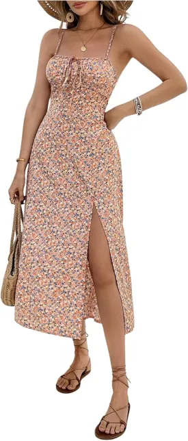 Floerns Women's Summer Split Thigh Spaghetti Strap Cami Midi Floral Dress