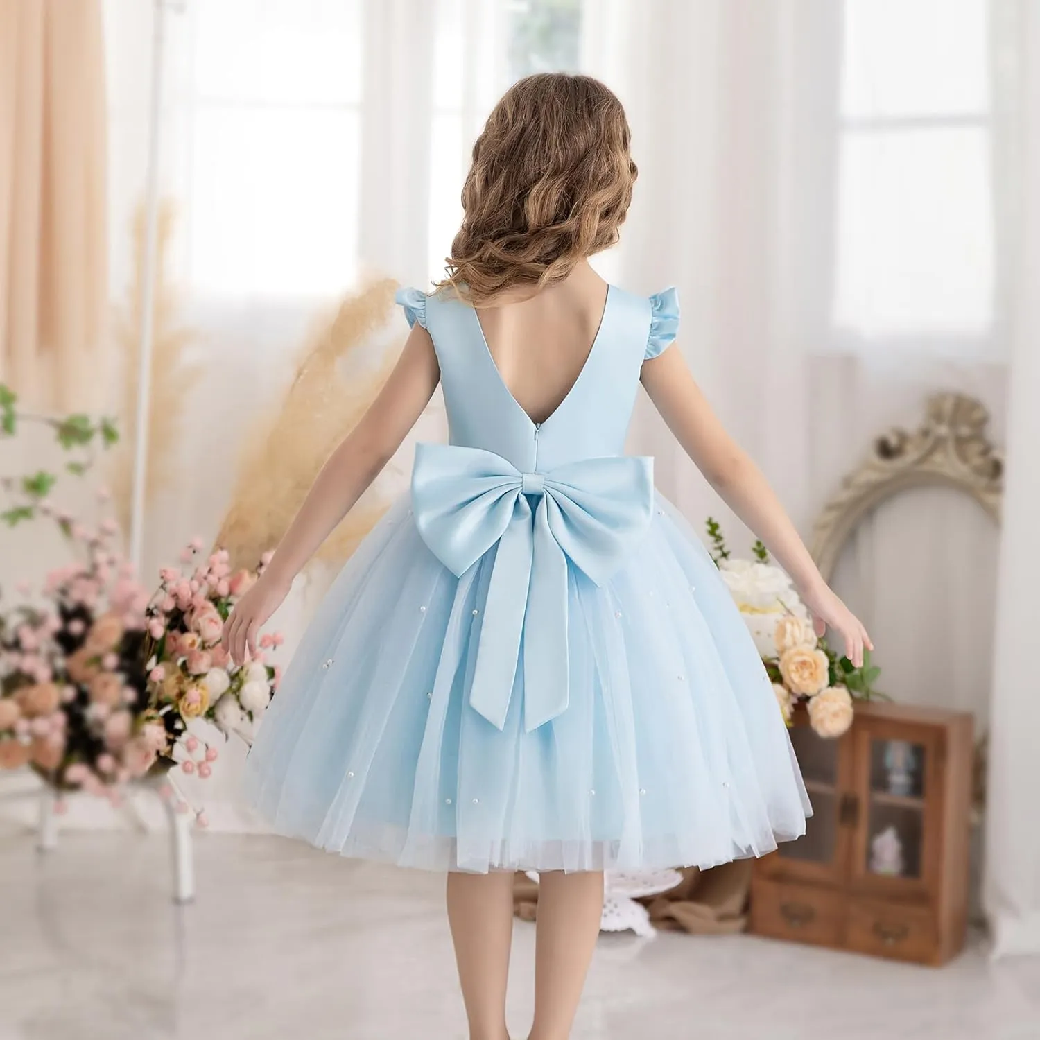 Flower Girl Dress Wedding Guest Ruffle Tulle Satin Party Birthday Princess Pageant Gown Kids Knee Length