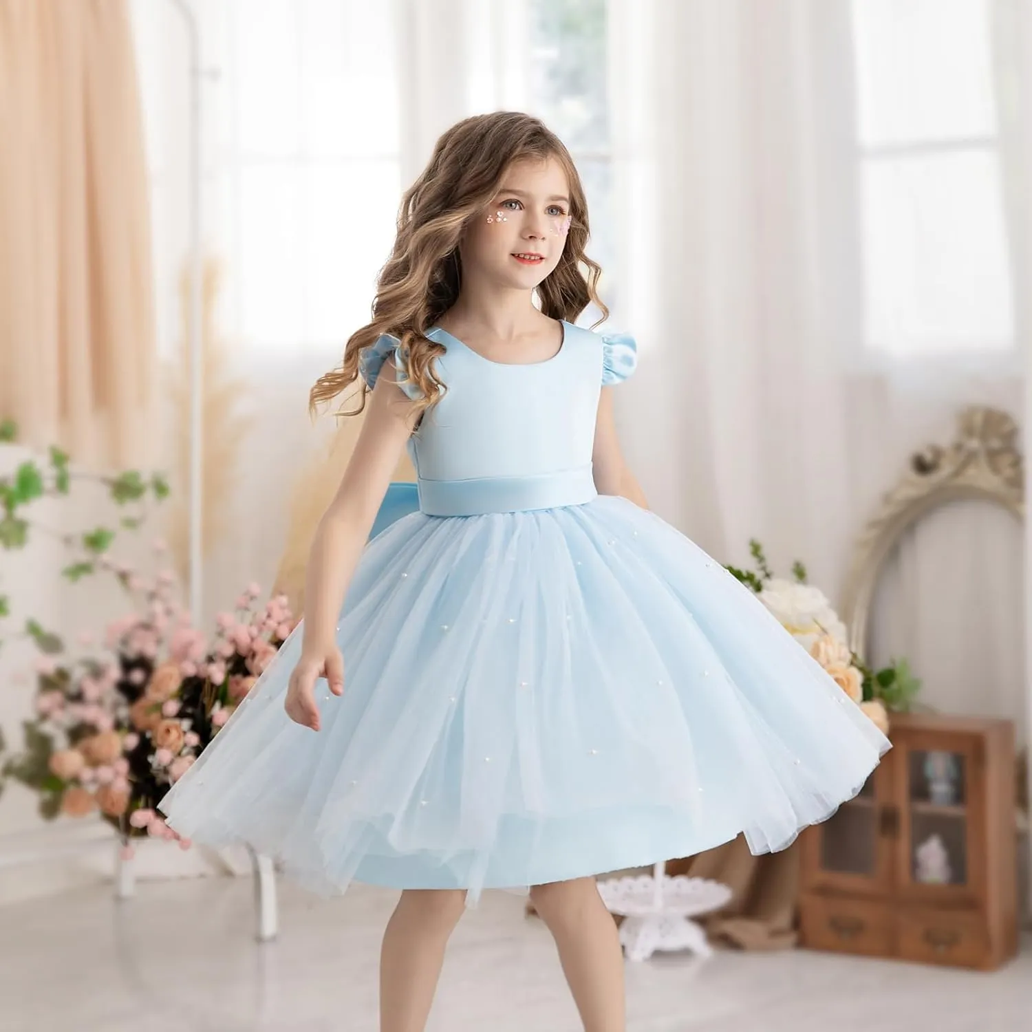 Flower Girl Dress Wedding Guest Ruffle Tulle Satin Party Birthday Princess Pageant Gown Kids Knee Length