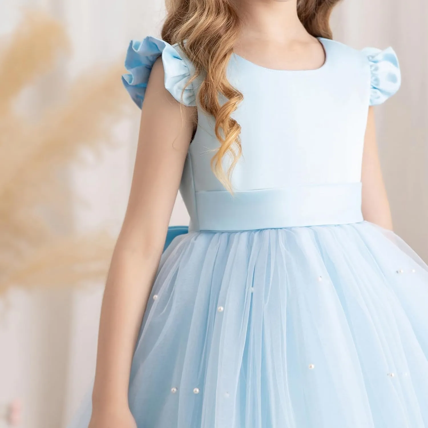 Flower Girl Dress Wedding Guest Ruffle Tulle Satin Party Birthday Princess Pageant Gown Kids Knee Length