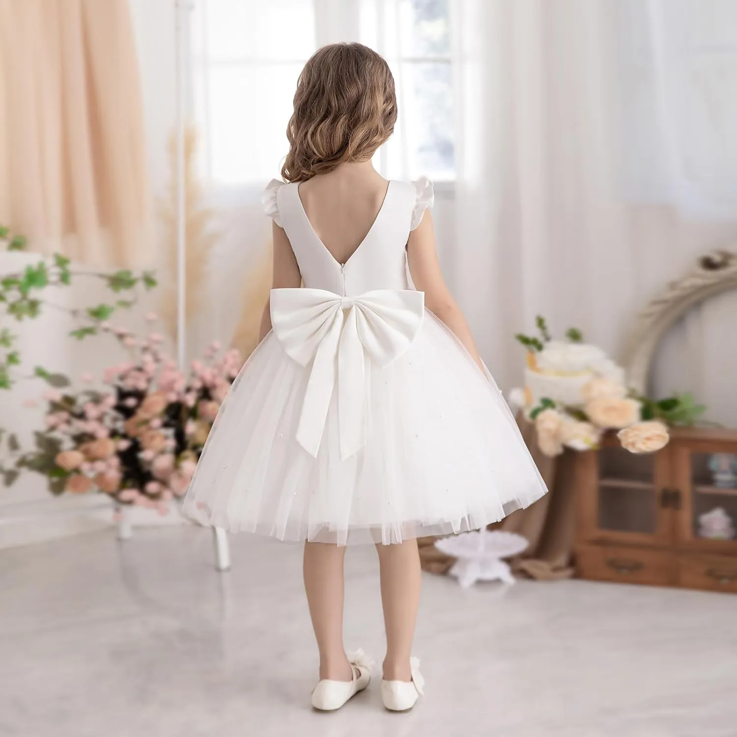 Flower Girl Dress Wedding Guest Ruffle Tulle Satin Party Birthday Princess Pageant Gown Kids Knee Length