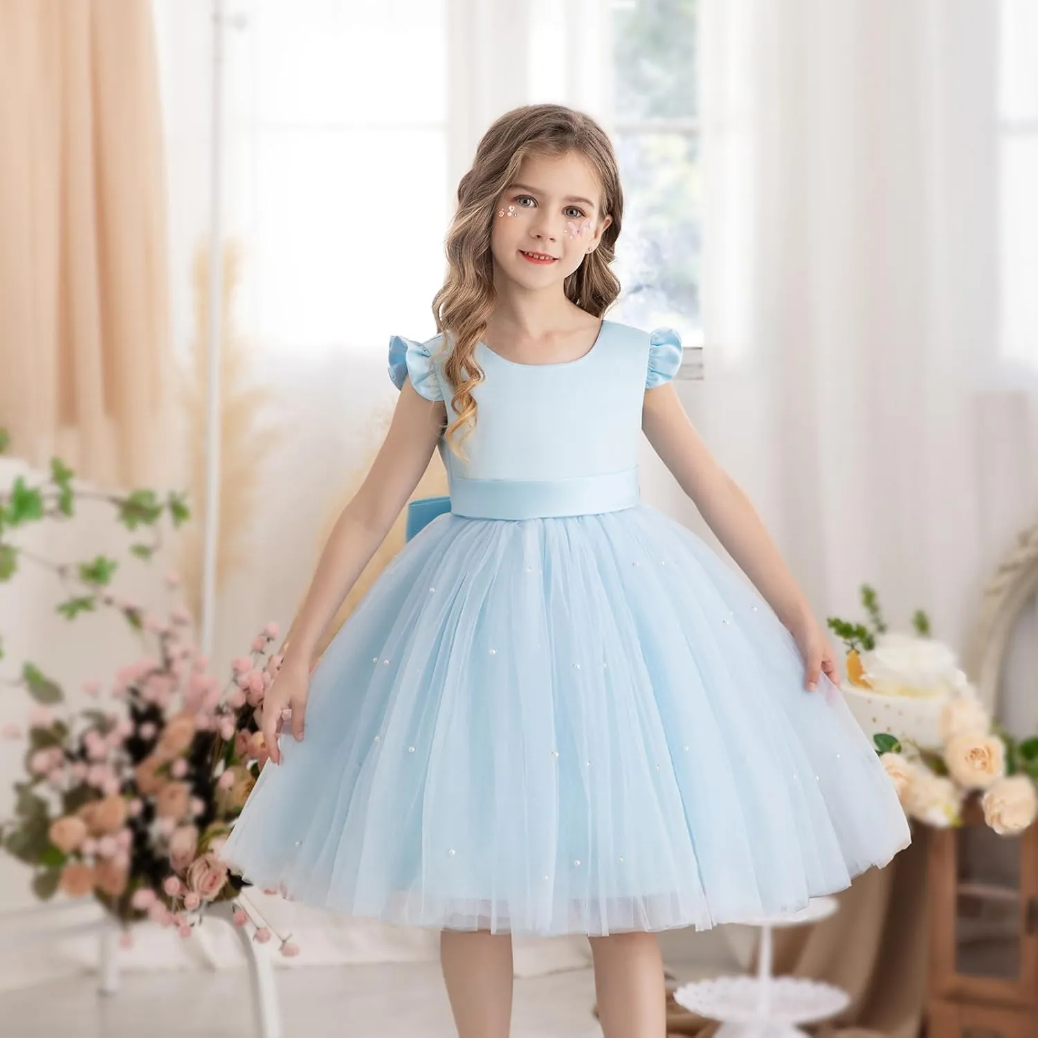 Flower Girl Dress Wedding Guest Ruffle Tulle Satin Party Birthday Princess Pageant Gown Kids Knee Length