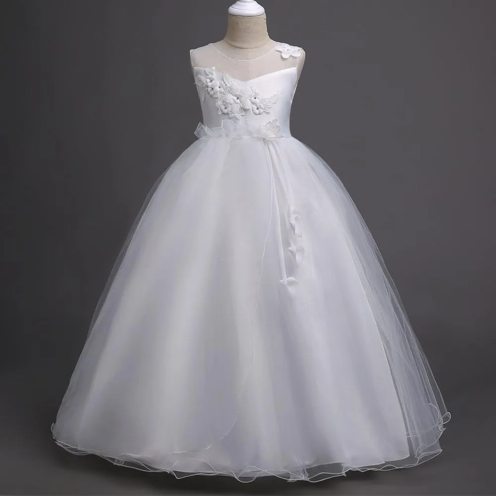 Girls Princess Tulle Lace Flower Pageant Dress Puffy Floor Length Wedding Bridesmaid Dress Party Tutu Maxi Gown