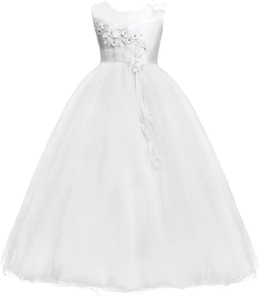 Girls Princess Tulle Lace Flower Pageant Dress Puffy Floor Length Wedding Bridesmaid Dress Party Tutu Maxi Gown
