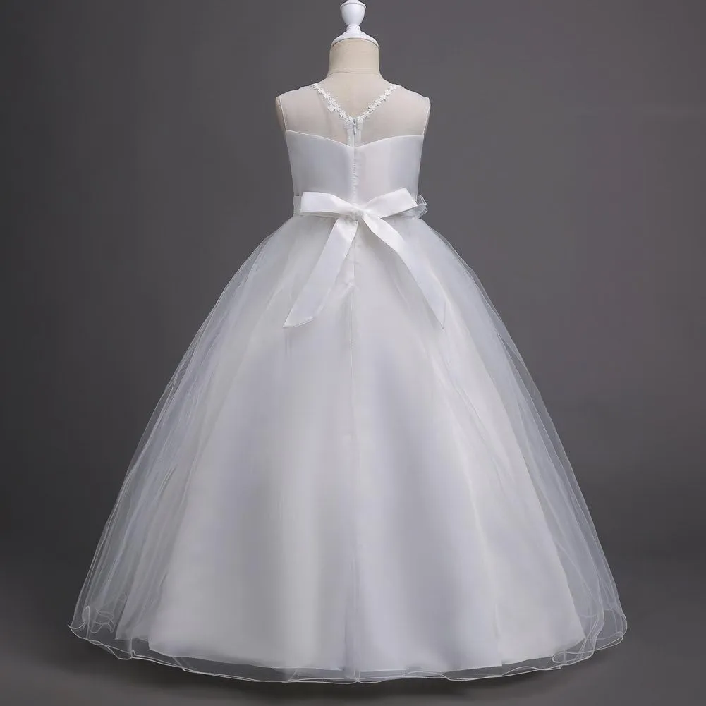 Girls Princess Tulle Lace Flower Pageant Dress Puffy Floor Length Wedding Bridesmaid Dress Party Tutu Maxi Gown