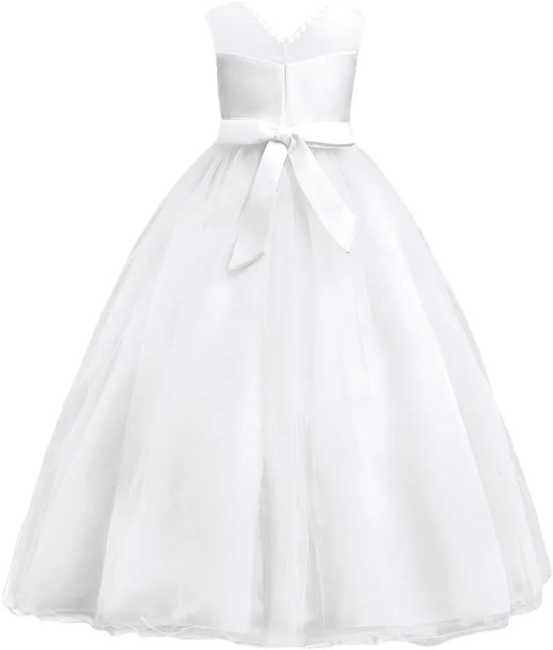 Girls Princess Tulle Lace Flower Pageant Dress Puffy Floor Length Wedding Bridesmaid Dress Party Tutu Maxi Gown