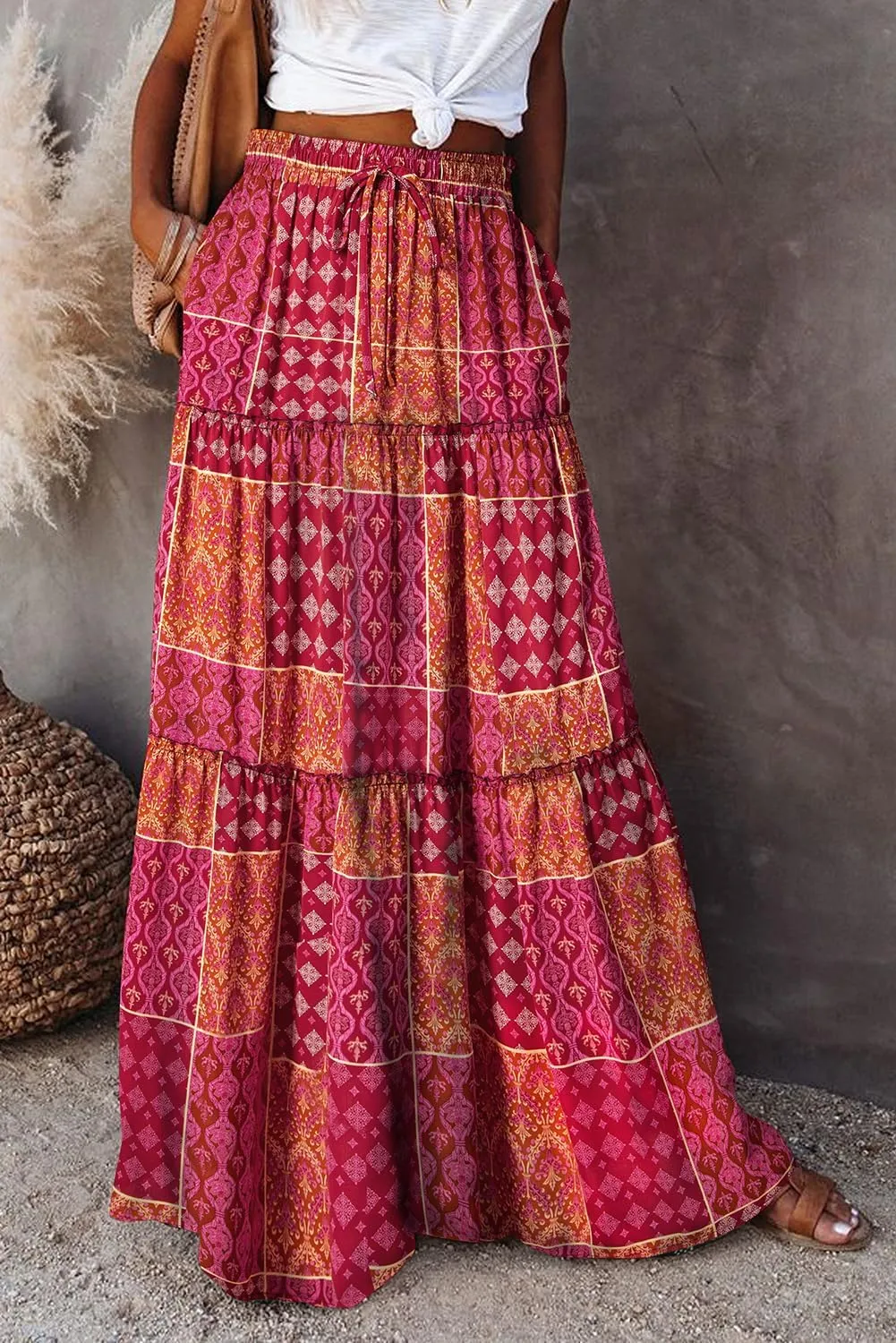 Happy Sailed Womens Floral Print Boho Maxi Skirt Elastic High Waist Pleated Ruffle Flowy Long Skirts S-XL