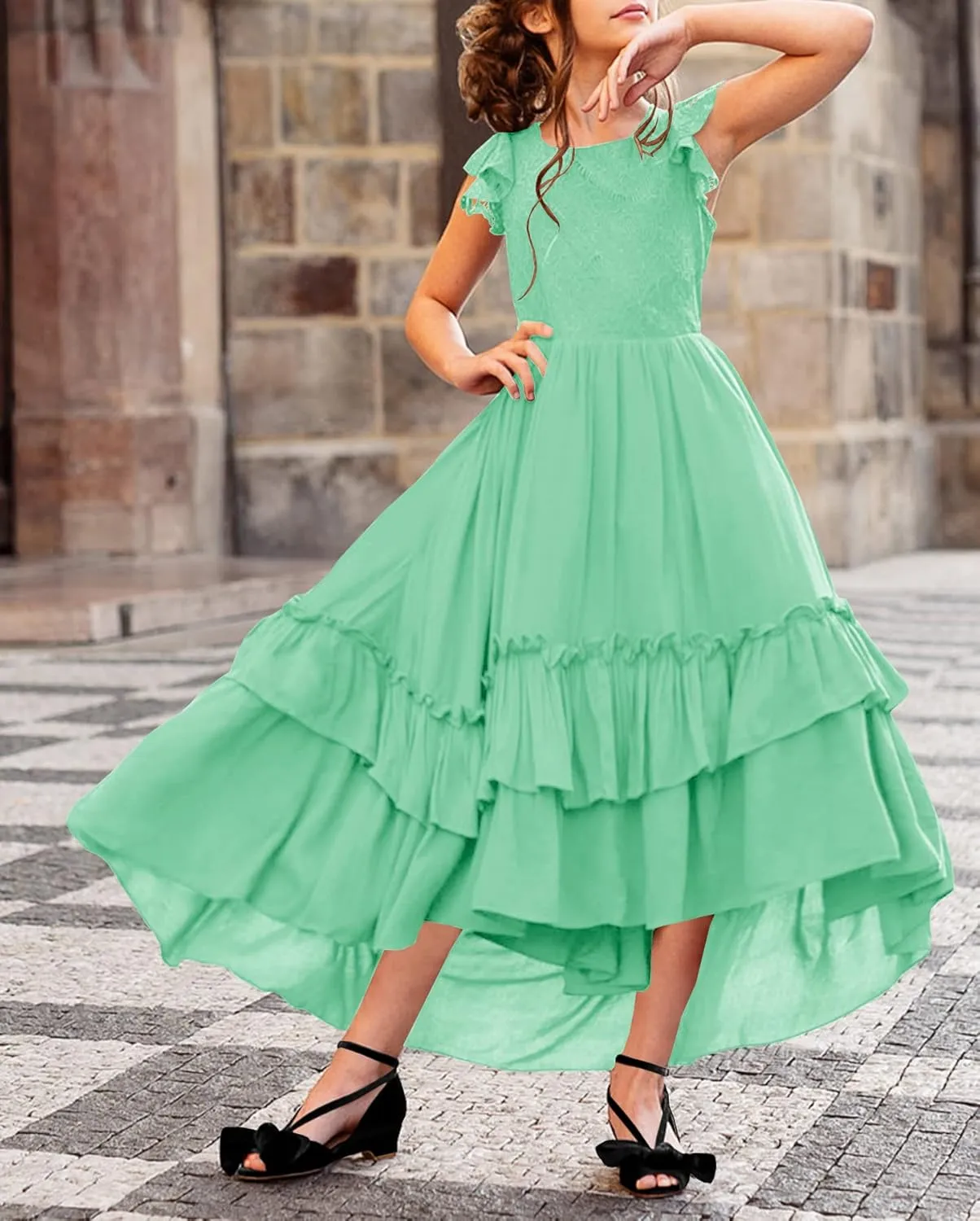 HOSIKA Girls Lace Boho Flower Girl Dress Ruffle Sleeve A-Line Formal Dresses for Wedding Party 6-12 Years