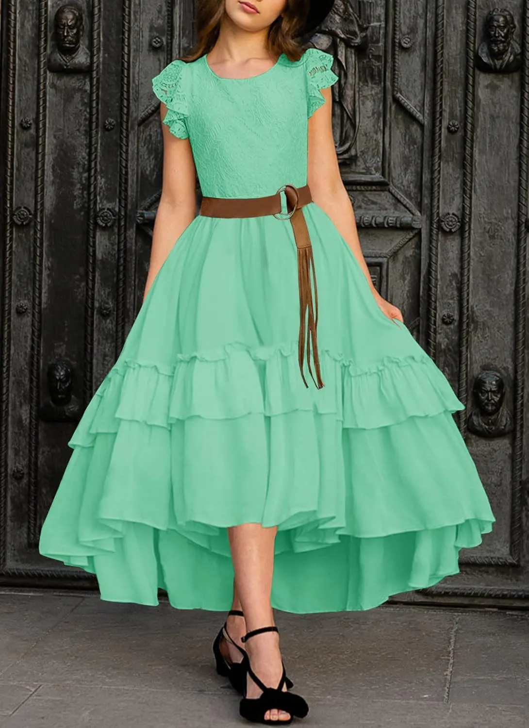 HOSIKA Girls Lace Boho Flower Girl Dress Ruffle Sleeve A-Line Formal Dresses for Wedding Party 6-12 Years