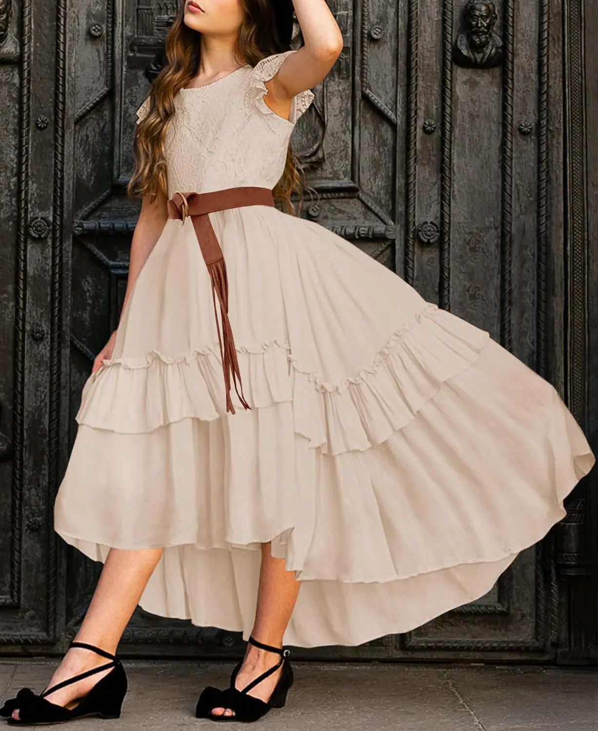 HOSIKA Girls Lace Boho Flower Girl Dress Ruffle Sleeve A-Line Formal Dresses for Wedding Party 6-12 Years