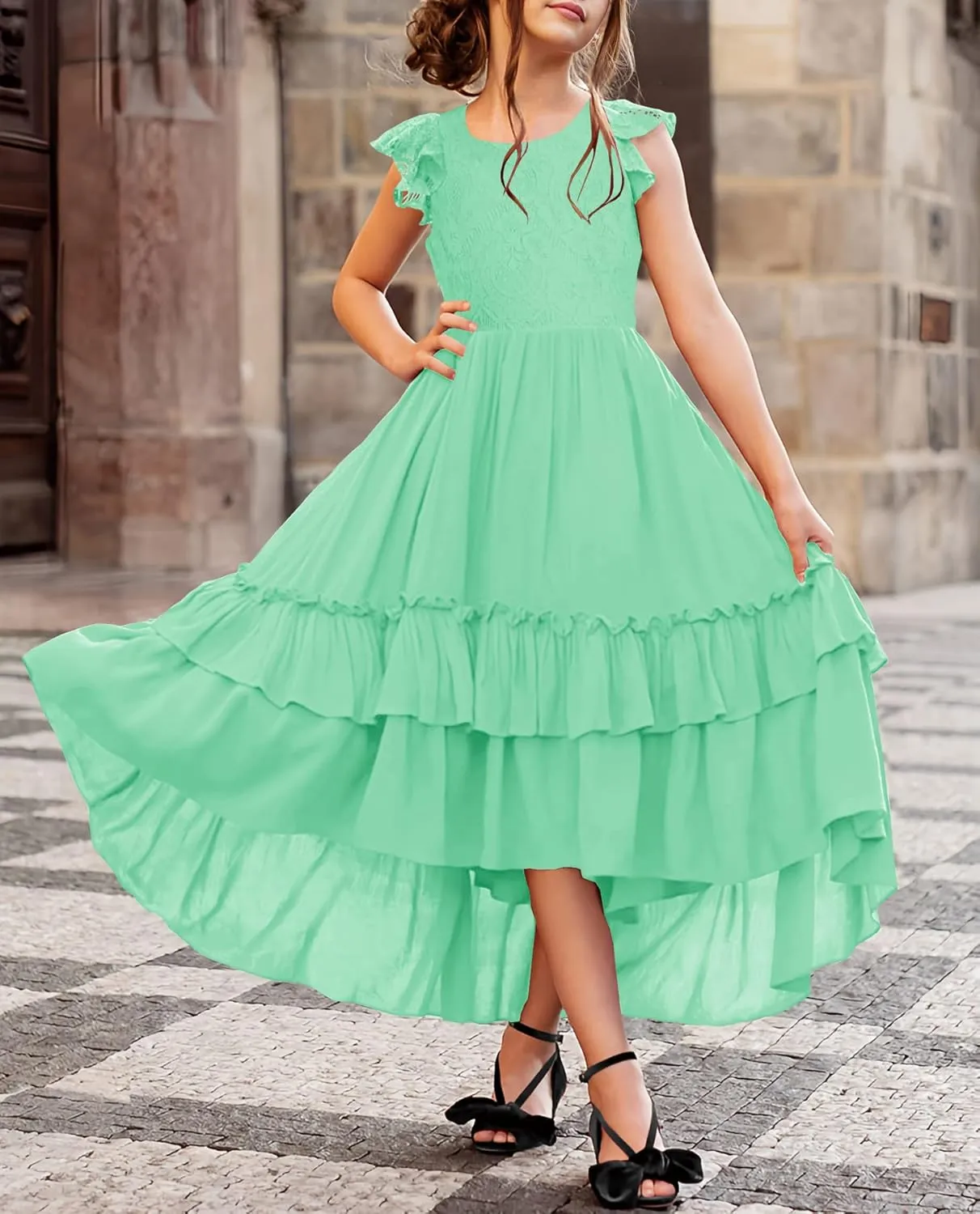 HOSIKA Girls Lace Boho Flower Girl Dress Ruffle Sleeve A-Line Formal Dresses for Wedding Party 6-12 Years