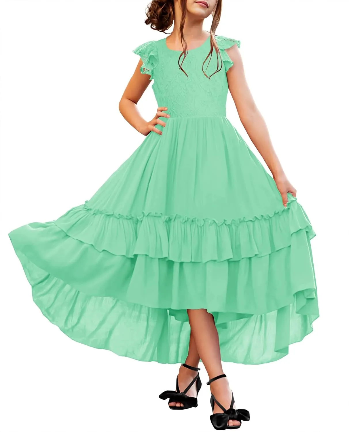 HOSIKA Girls Lace Boho Flower Girl Dress Ruffle Sleeve A-Line Formal Dresses for Wedding Party 6-12 Years