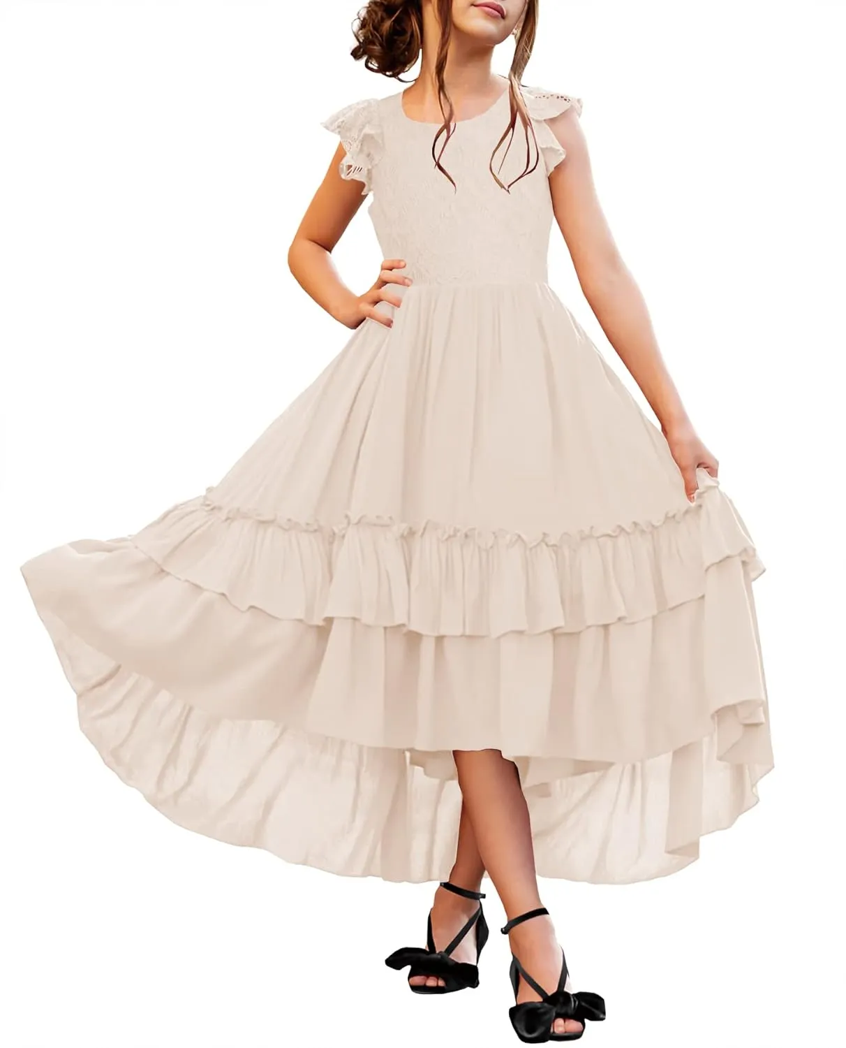 HOSIKA Girls Lace Boho Flower Girl Dress Ruffle Sleeve A-Line Formal Dresses for Wedding Party 6-12 Years
