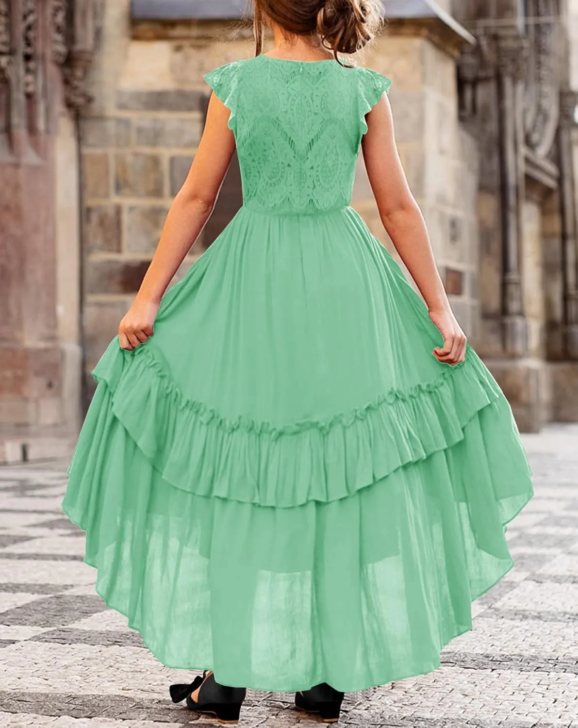 HOSIKA Girls Lace Boho Flower Girl Dress Ruffle Sleeve A-Line Formal Dresses for Wedding Party 6-12 Years