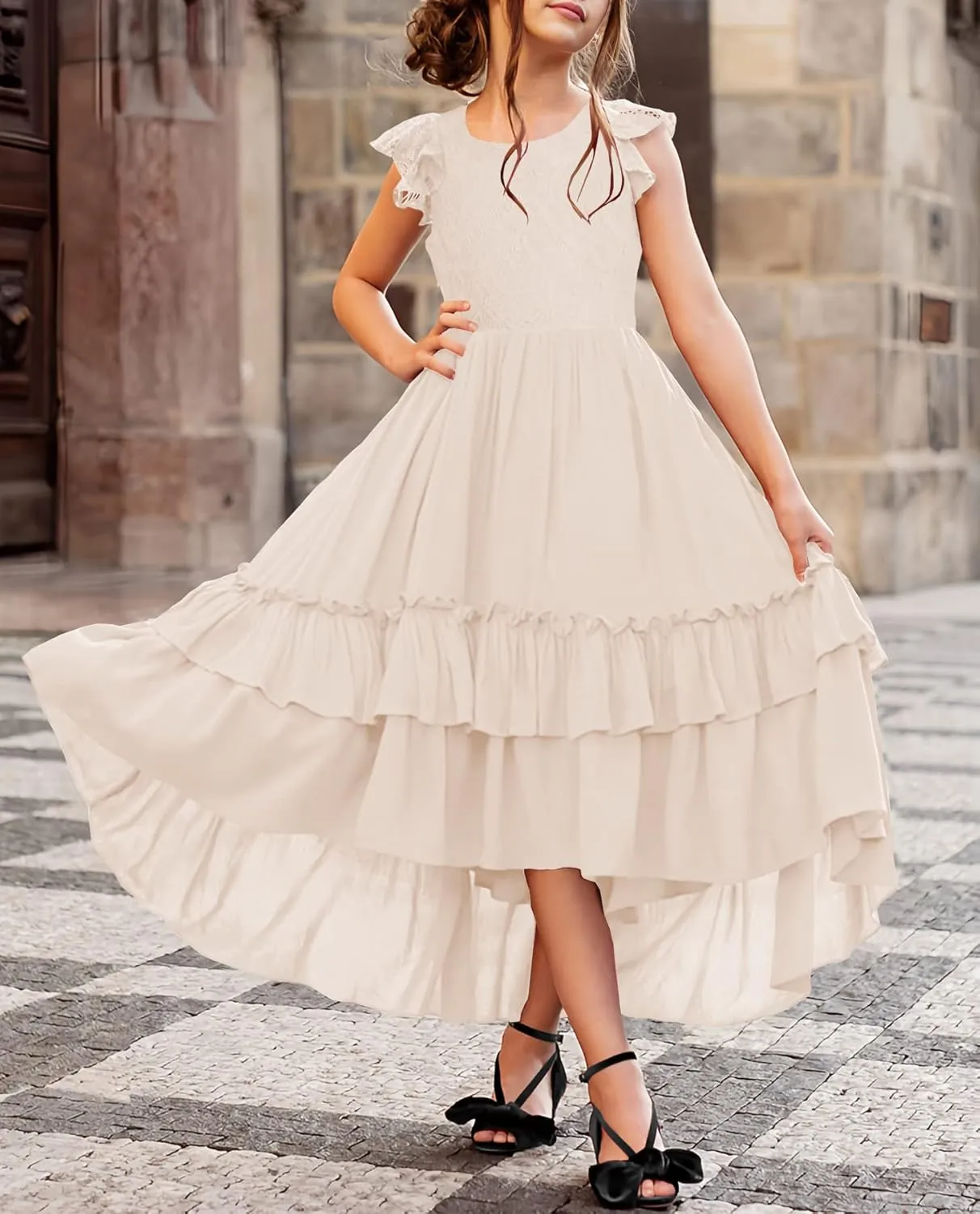 HOSIKA Girls Lace Boho Flower Girl Dress Ruffle Sleeve A-Line Formal Dresses for Wedding Party 6-12 Years