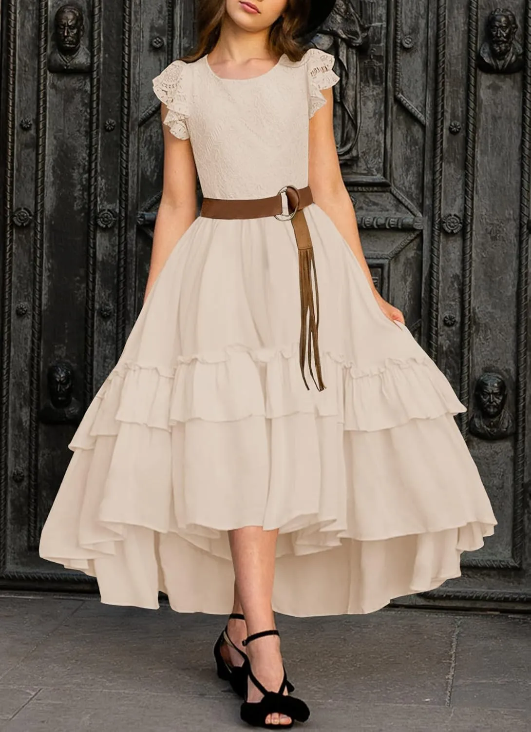 HOSIKA Girls Lace Boho Flower Girl Dress Ruffle Sleeve A-Line Formal Dresses for Wedding Party 6-12 Years