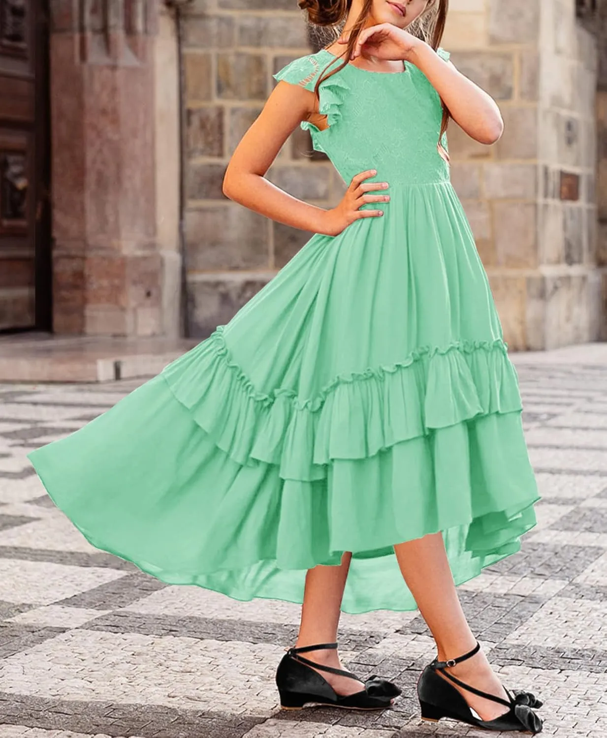 HOSIKA Girls Lace Boho Flower Girl Dress Ruffle Sleeve A-Line Formal Dresses for Wedding Party 6-12 Years