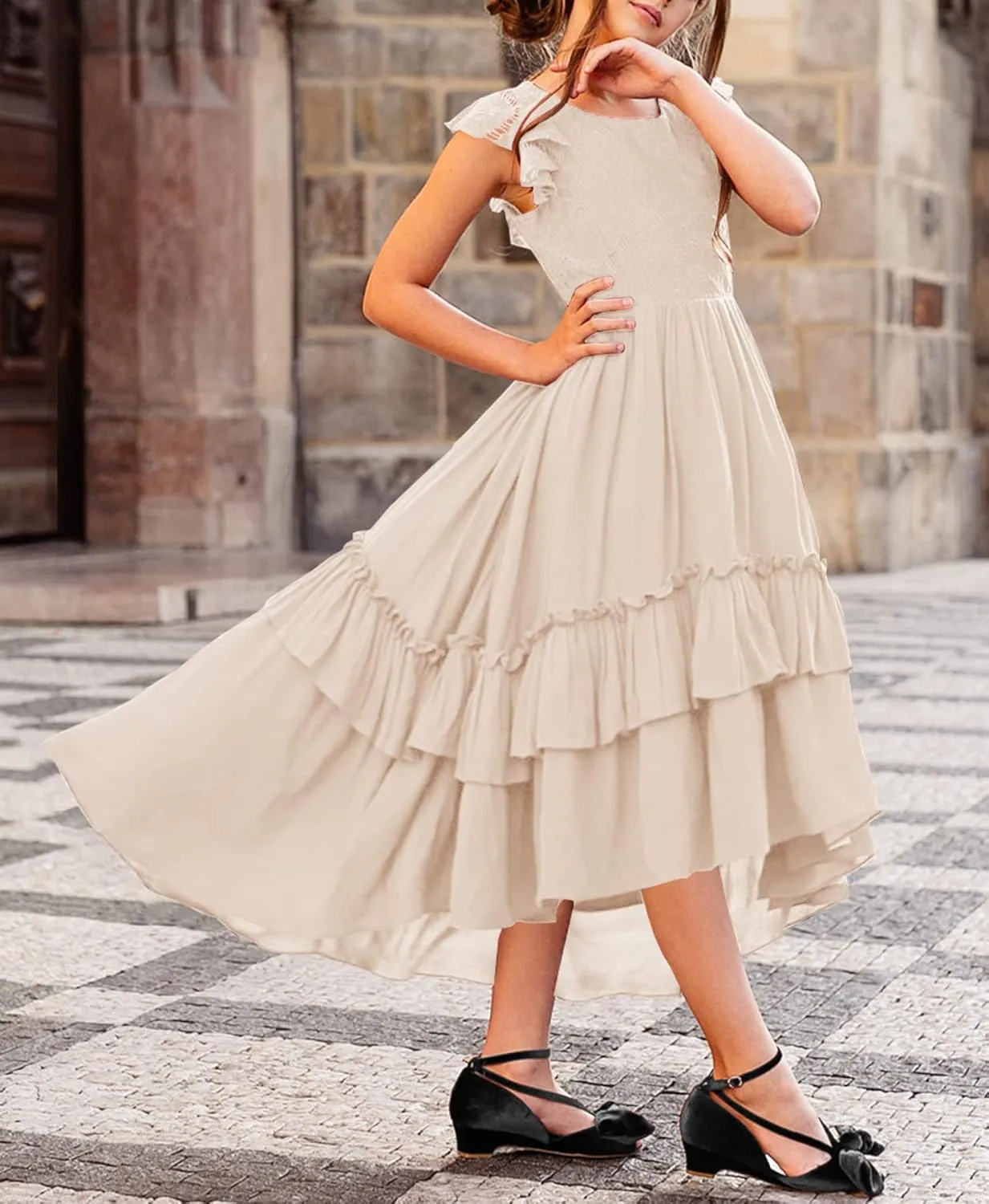 HOSIKA Girls Lace Boho Flower Girl Dress Ruffle Sleeve A-Line Formal Dresses for Wedding Party 6-12 Years