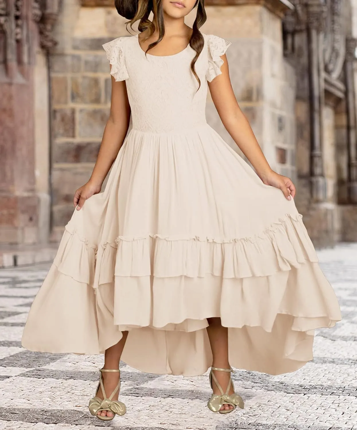HOSIKA Girls Lace Boho Flower Girl Dress Ruffle Sleeve A-Line Formal Dresses for Wedding Party 6-12 Years