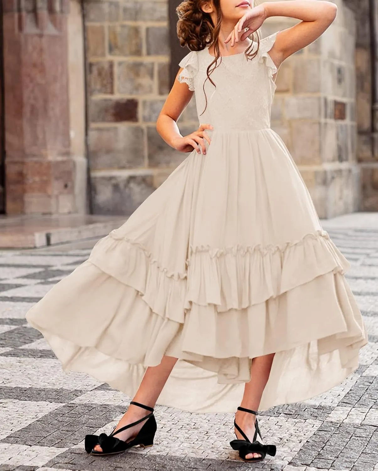 HOSIKA Girls Lace Boho Flower Girl Dress Ruffle Sleeve A-Line Formal Dresses for Wedding Party 6-12 Years