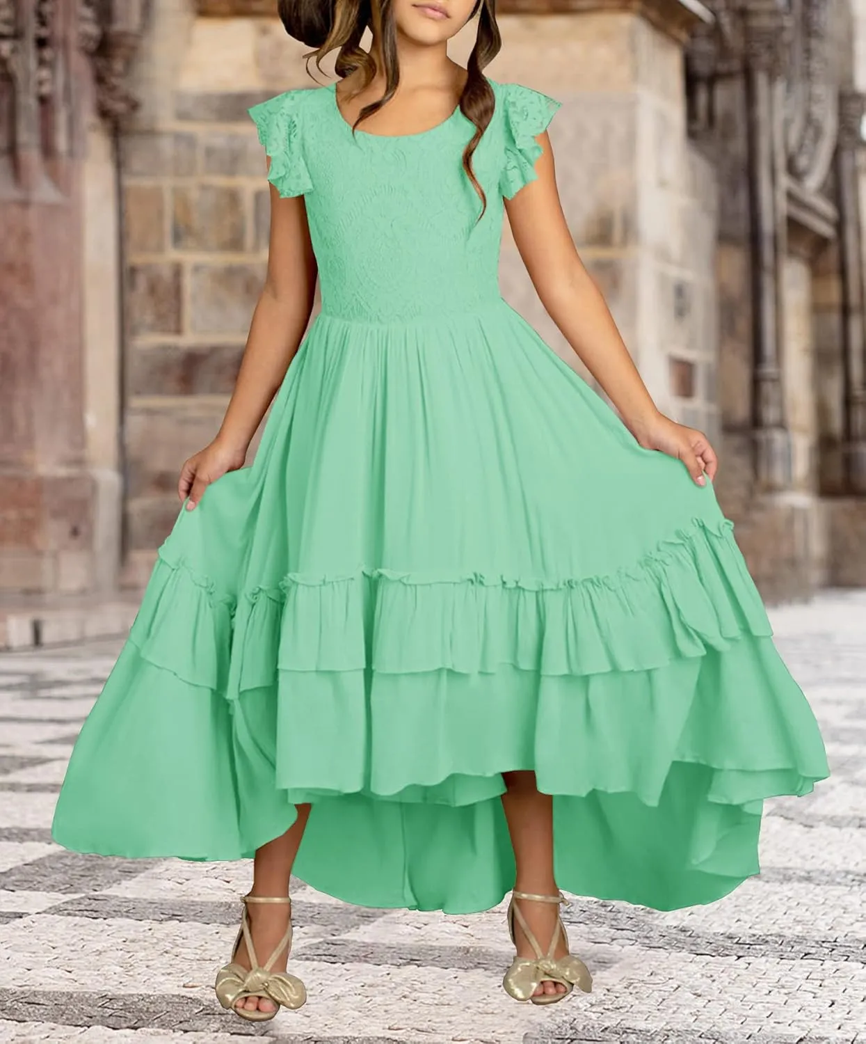 HOSIKA Girls Lace Boho Flower Girl Dress Ruffle Sleeve A-Line Formal Dresses for Wedding Party 6-12 Years