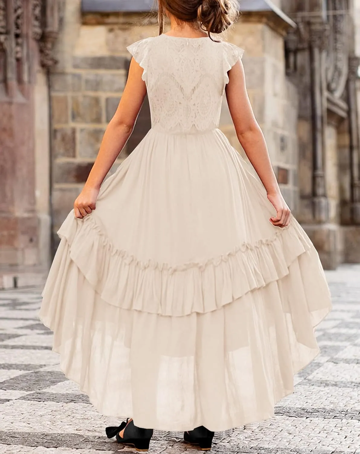 HOSIKA Girls Lace Boho Flower Girl Dress Ruffle Sleeve A-Line Formal Dresses for Wedding Party 6-12 Years