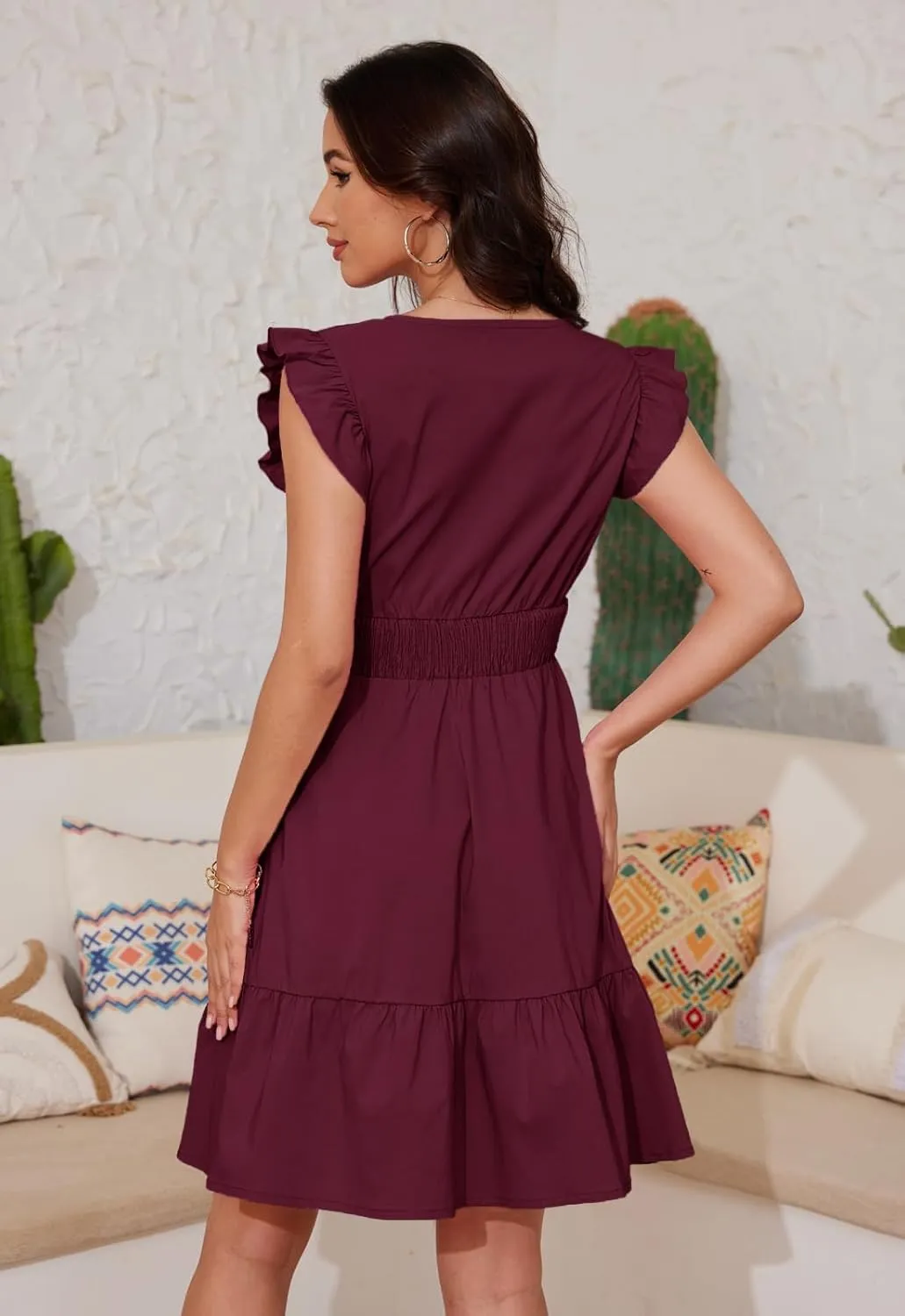 Jayscreate Women's Ruffle Sleeve Layered Dress Pockets Elastic Waist 2025 V Neck Above Knee Summer Casual Cute Dress