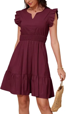 Jayscreate Women's Ruffle Sleeve Layered Dress Pockets Elastic Waist 2025 V Neck Above Knee Summer Casual Cute Dress