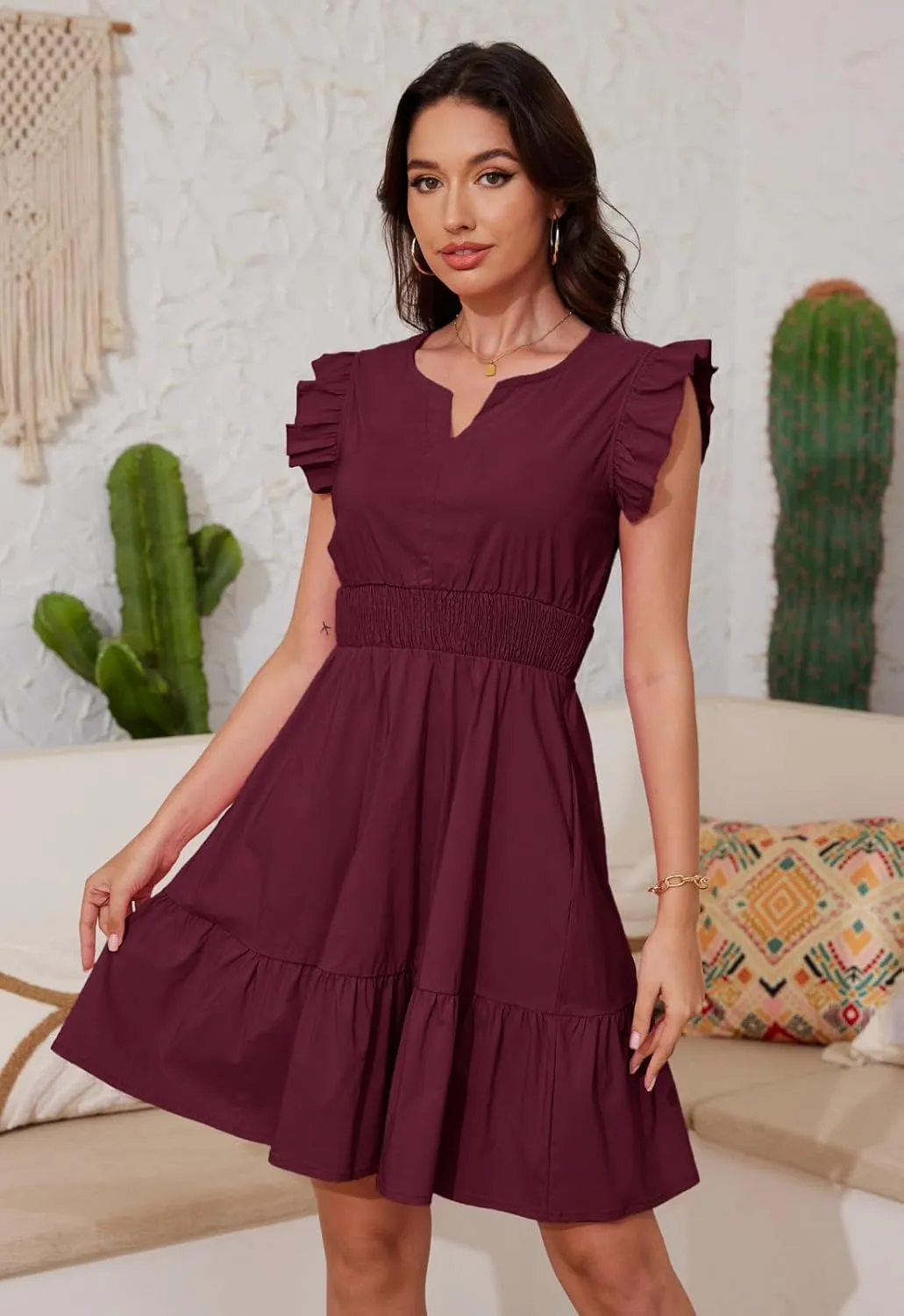 Jayscreate Women's Ruffle Sleeve Layered Dress Pockets Elastic Waist 2025 V Neck Above Knee Summer Casual Cute Dress